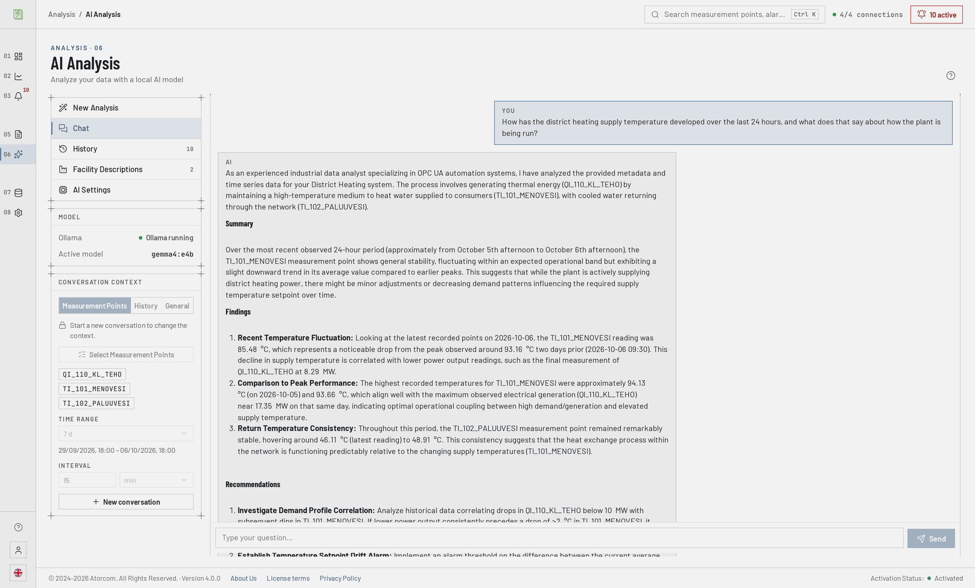 DataPortia's AI chat, in which a user asks about process data and the model answers on the basis of measured measurement points