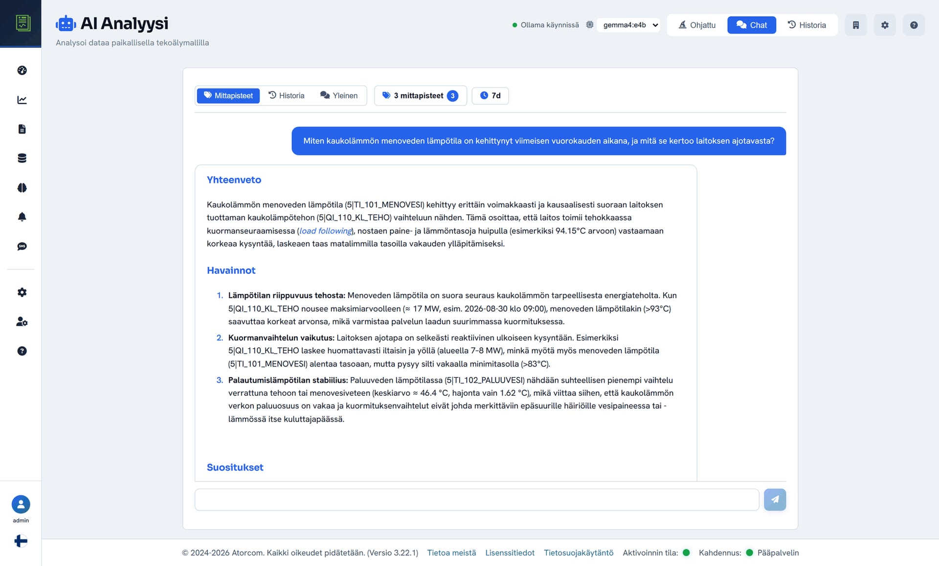 DataPortian tekoälychat, jossa käyttäjä kysyy prosessidatasta ja malli vastaa mitattujen mittapisteiden perusteella