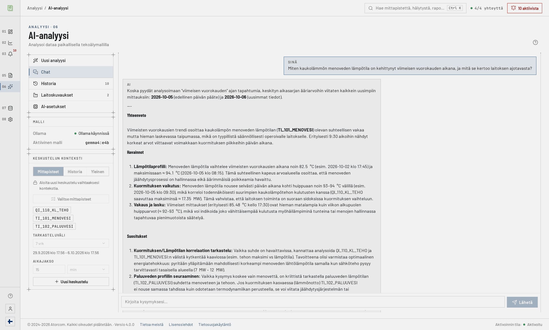 DataPortian tekoälychat, jossa käyttäjä kysyy prosessidatasta ja malli vastaa mitattujen mittapisteiden perusteella