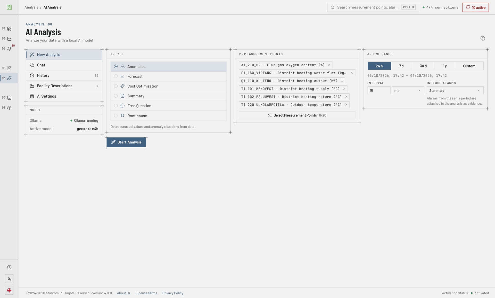 Starting an AI analysis in DataPortia: six analysis types — anomalies, forecast, cost optimisation, summary, free-form question and root cause — with measurement point and time range selection