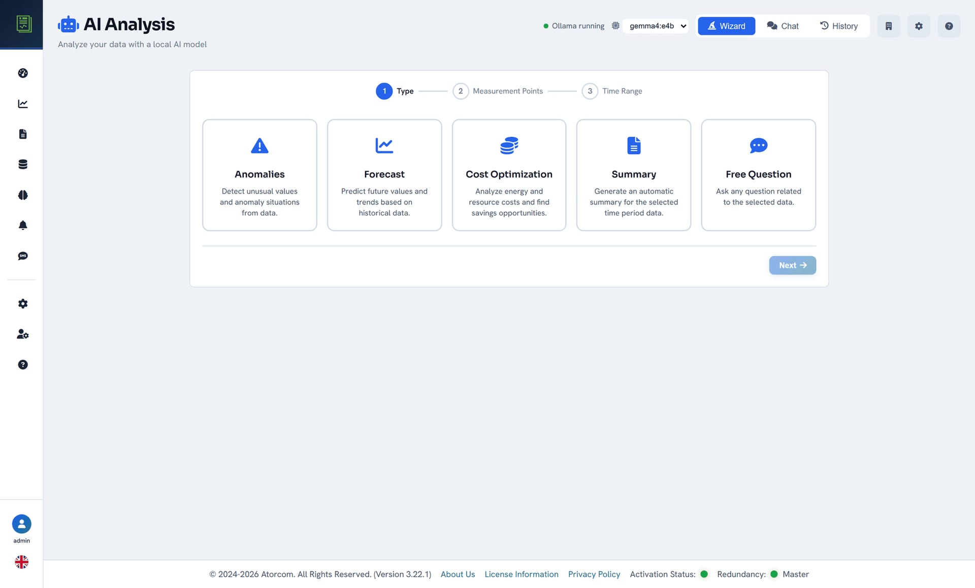 DataPortia guided AI analysis setup: five analysis types — anomalies, forecast, cost optimisation, summary and a free-form question — in a three-step flow