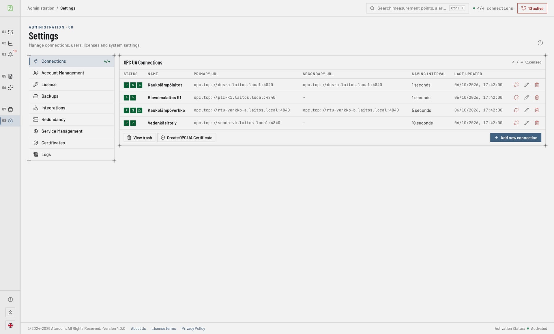 DataPortia connection settings: four parallel OPC UA connections, two of which have both a primary and a backup server configured