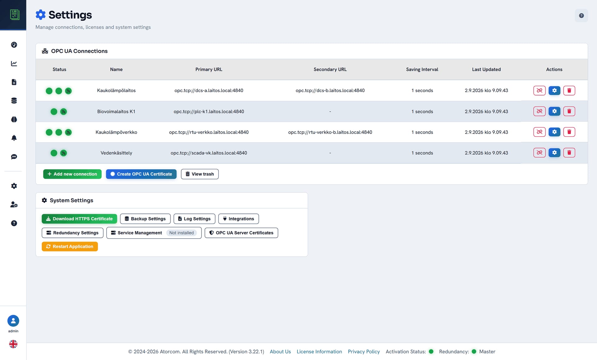 DataPortia connection settings: four parallel OPC UA connections, two of which have both a primary and a backup server configured