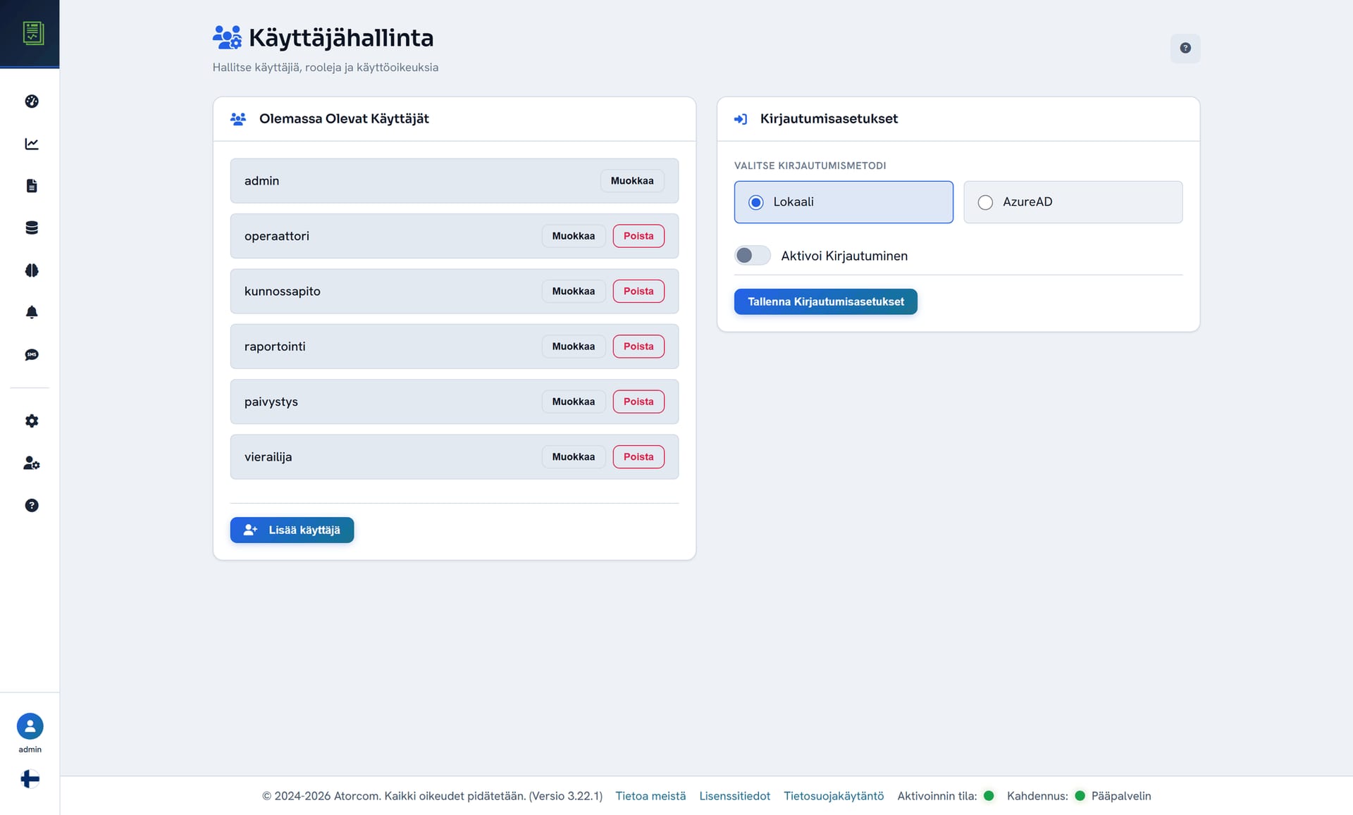 DataPortian käyttäjähallintanäkymä, jossa käyttäjät ja heidän oikeutensa on listattu