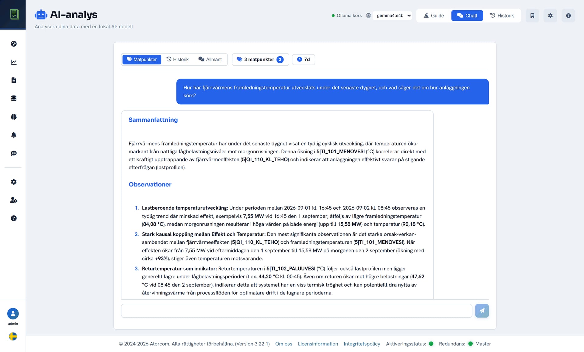 DataPortias AI-chatt där användaren frågar om processdata och modellen svarar utifrån uppmätta mätpunkter