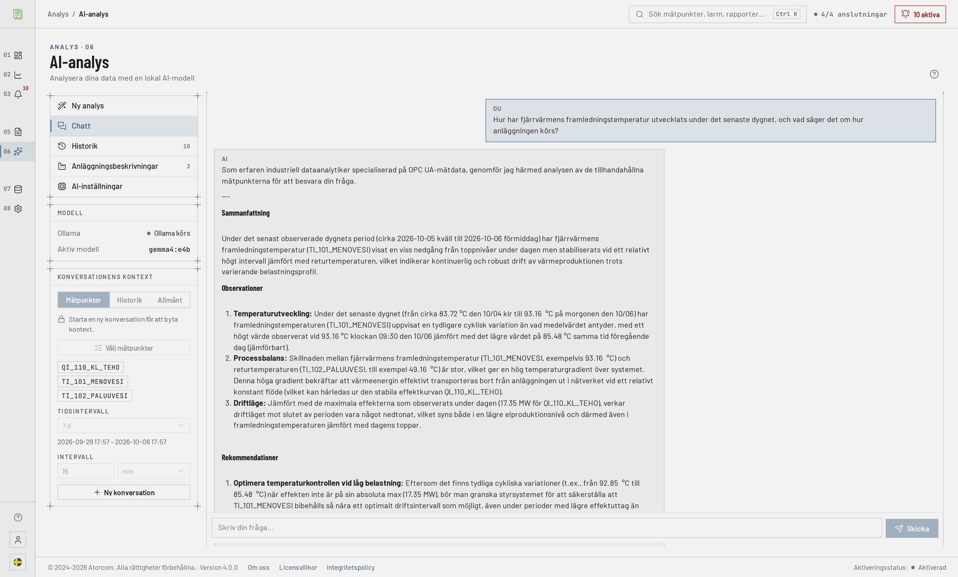 DataPortias AI-chatt där användaren frågar om processdata och modellen svarar utifrån uppmätta mätpunkter