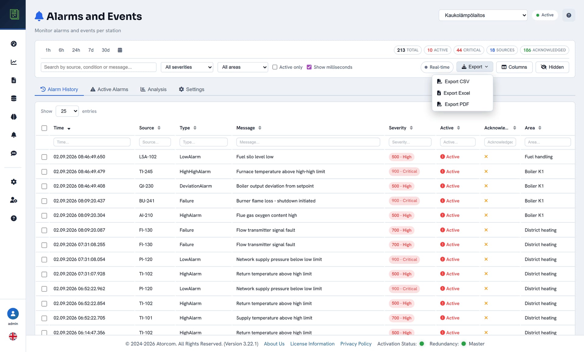 DataPortia alarm view with the export menu open: export as CSV, Excel or PDF