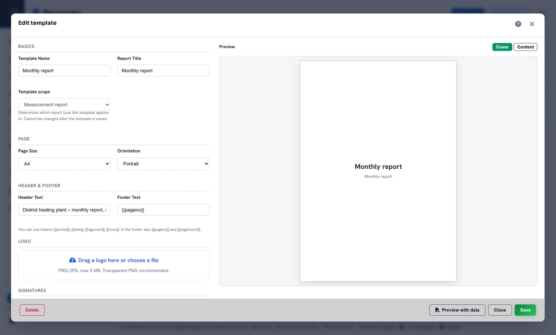 DataPortia report template editor: page size and orientation, header and footer variables, logo upload and a preview toggle between cover page and content