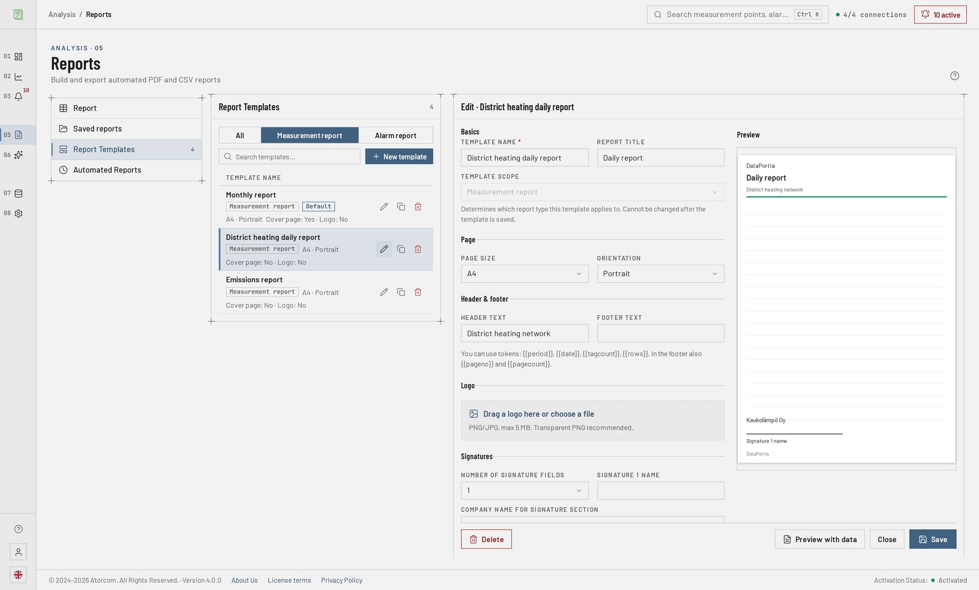 DataPortia report template editor: page size and orientation, header and footer variables, logo upload and a preview toggle between cover page and content