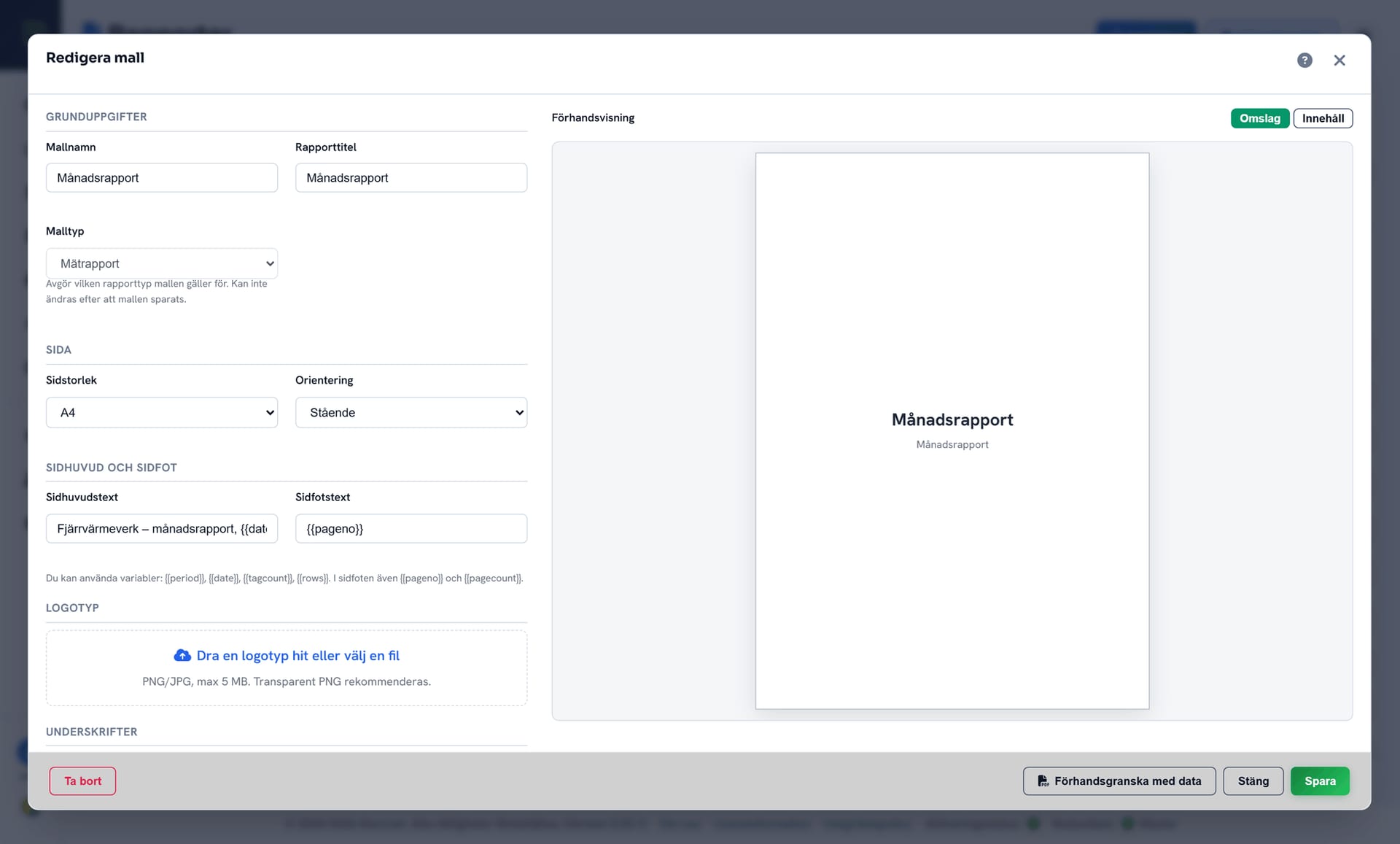 DataPortias mallredigerare för rapporter: sidstorlek och orientering, variabler för sidhuvud och sidfot, logotypuppladdning och förhandsgranskning med omslag eller innehåll