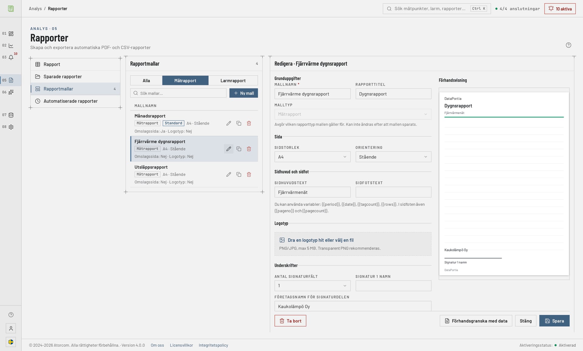 DataPortias mallredigerare för rapporter: sidstorlek och orientering, variabler för sidhuvud och sidfot, logotypuppladdning och förhandsgranskning med omslag eller innehåll