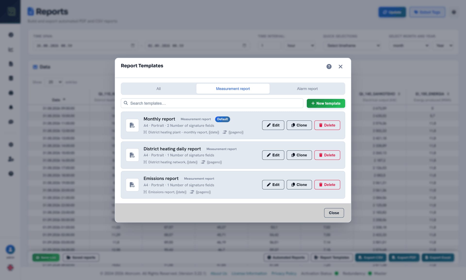 Report template management: templates by type, each with its page size, orientation and number of signature fields, plus the header and footer variables