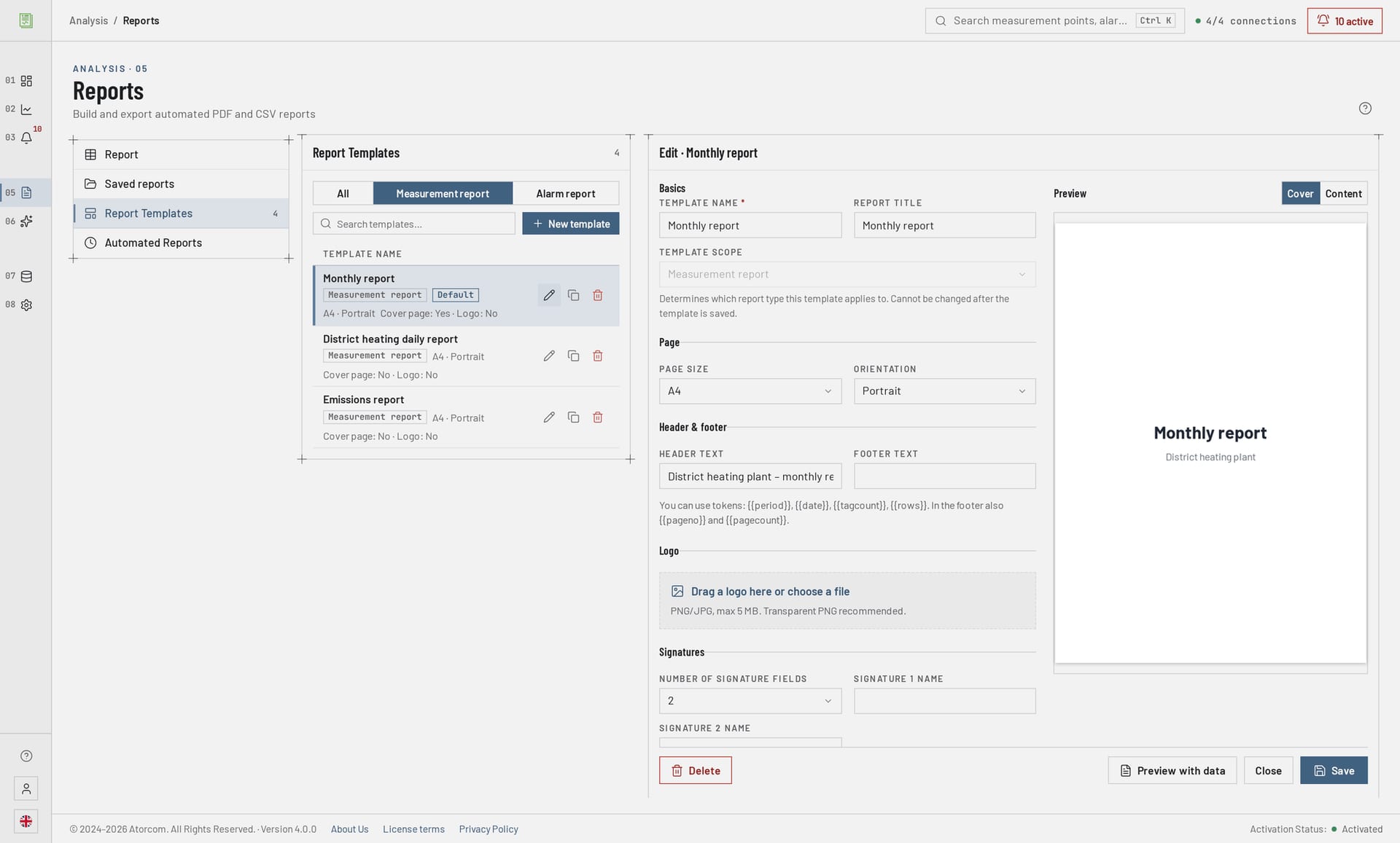 Report template management: templates by type, each with its page size, orientation and number of signature fields, plus the header and footer variables
