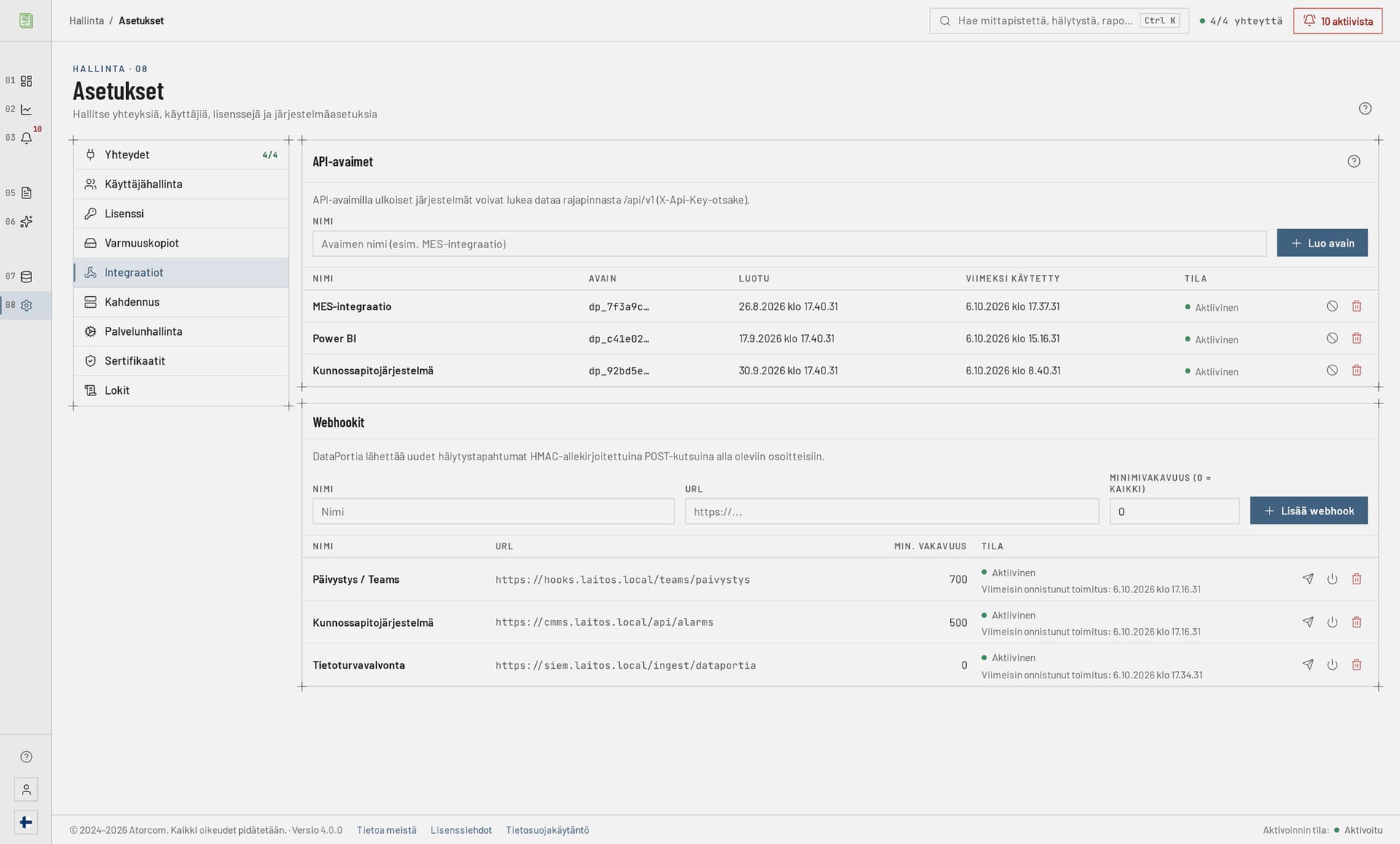 DataPortian integraatioasetukset: REST-rajapinnan API-avaimet ja hälytysten webhookit