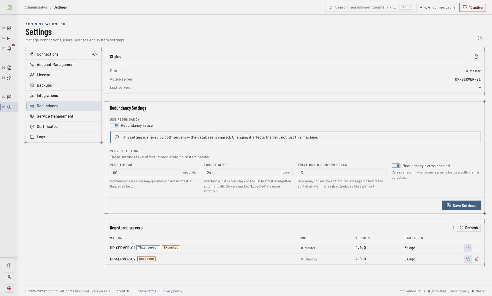 DataPortia redundancy settings: the server pair's status, the active server and the pair detection settings