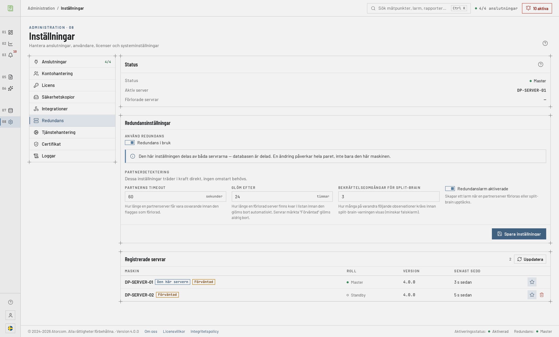 DataPortias redundansinställningar: serverparets status, aktiv server och inställningar för parövervakning